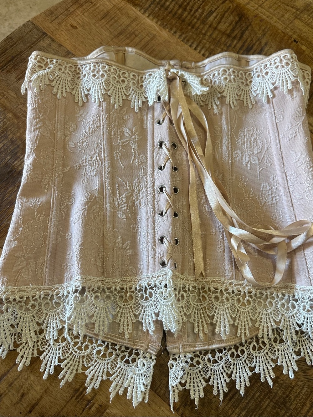 Light Pink Tie Up & Hooks Corset With Lace Trim Size Medium Victorian Style